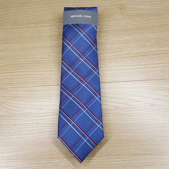 MICHAEL KORS Mens Neck Tie Blue Windowpane Plaid Classic Pointed Silk Blend - Picture 2 of 6